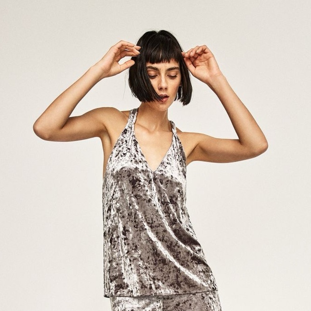 ZARA Crushed Velvet Strappy Flowing Open Back Top